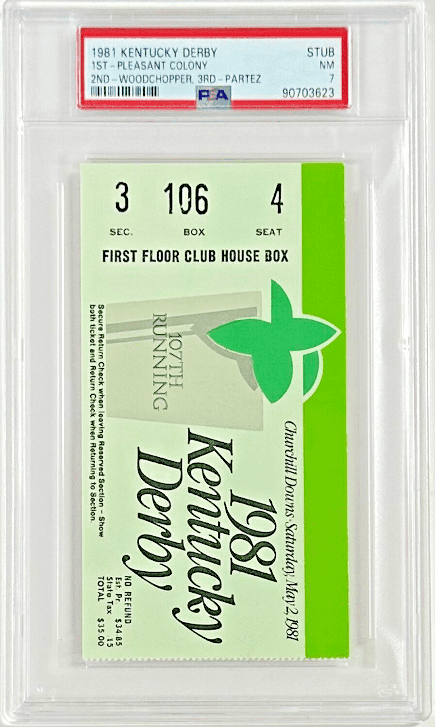 1981 Kentucky Derby Slabbed PSA Ticket Stub NM 7 Derby Winner Pleasant Colony Ticket Stub 1981-kentucky-derby-slabbed-nm-7, view 2, supplier stock photo