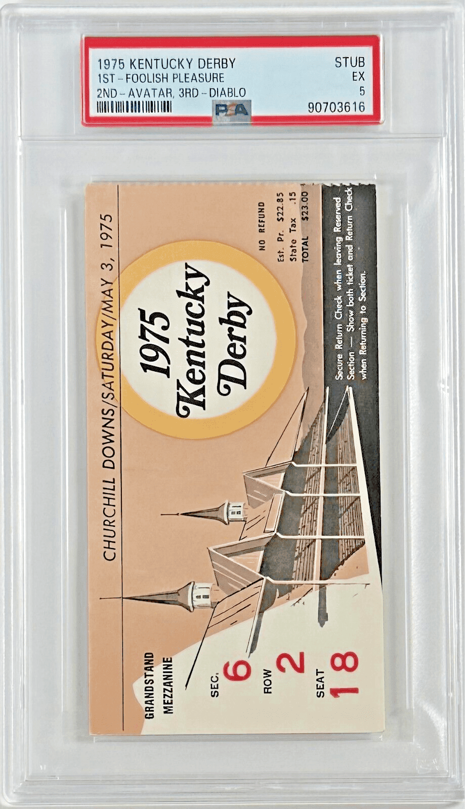 1975 Kentucky Derby Slabbed PSA Ticket Stub EX 5 Derby Winner Foolish Pleasure Ticket Stub 1975-kentucky-derby-slabbed-ex-5, view 2, supplier stock photo