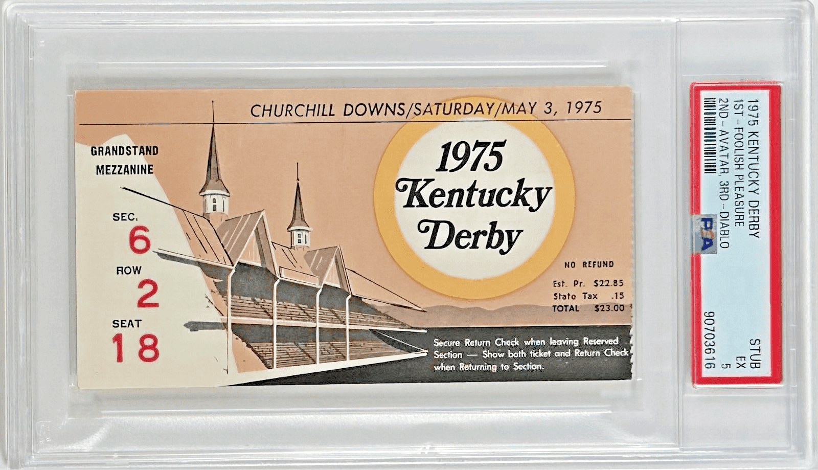1975 Kentucky Derby Slabbed PSA Ticket Stub EX 5 Derby Winner Foolish Pleasure Ticket Stub 1975-kentucky-derby-slabbed-ex-5, supplier stock photo