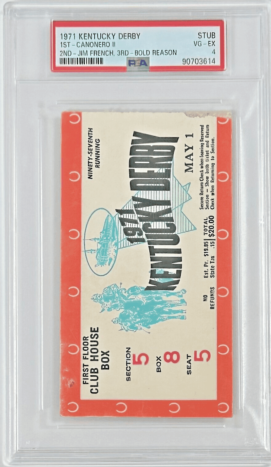 1971 Kentucky Derby Slabbed PSA Ticket Stub VG-EX 4 Derby Winner Canonero II Ticket Stub 1971-kentucky-derby-slabbed-vg-ex, view 2, supplier stock photo