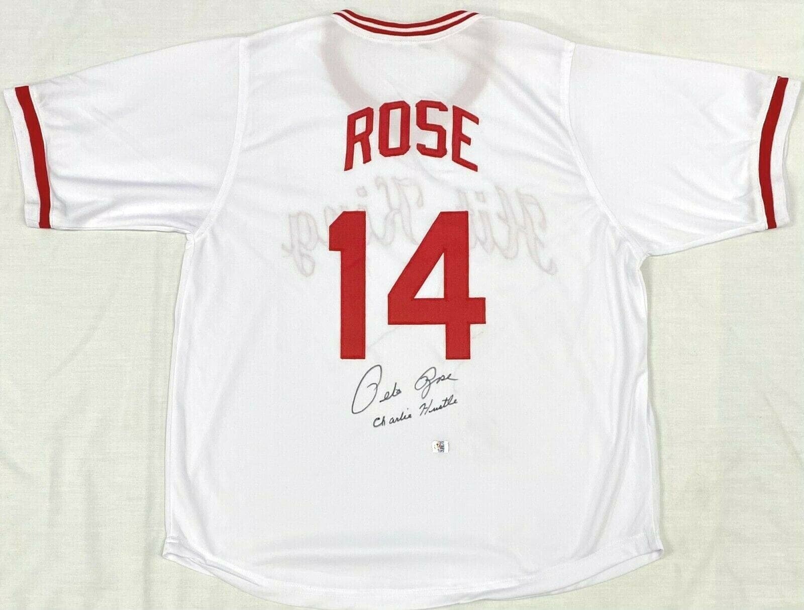 Pete Rose Signed White Jersey Pete Rose Exclusive Hologram Charlie Hustle 1 Pete Rose Jersey white-hologram-charlie-hustle-1, Cincinnati Reds, supplier stock photo