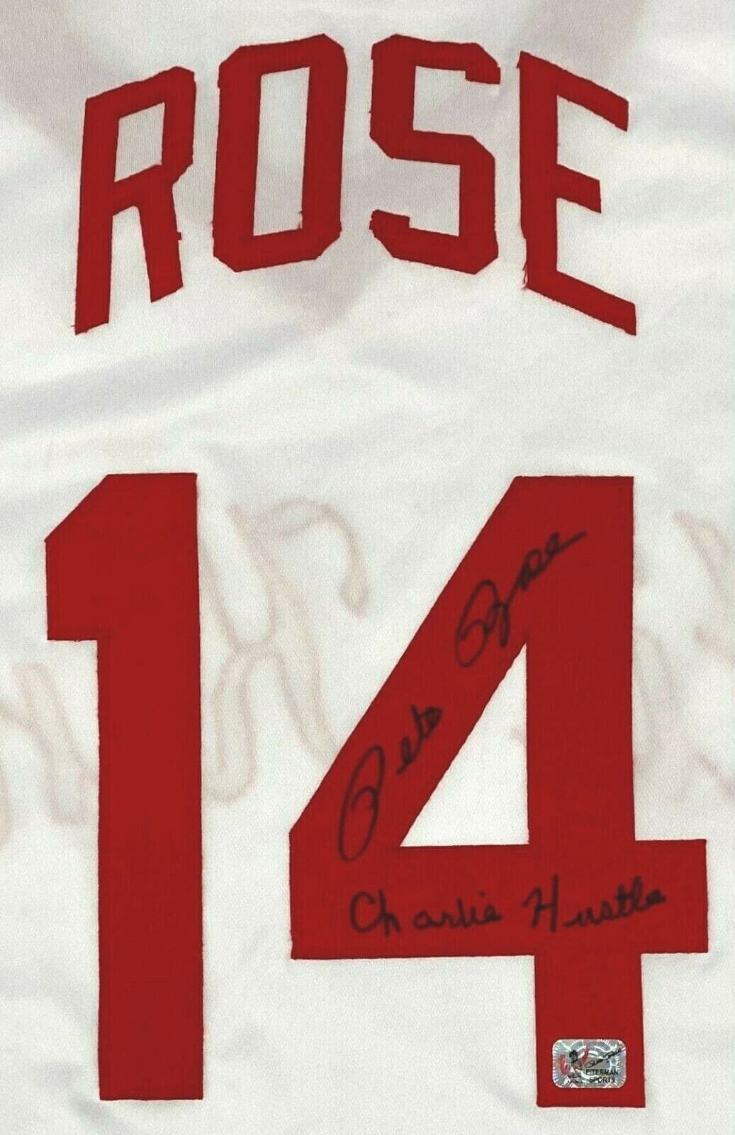 Pete Rose Signed White Jersey Pete Rose Exclusive Hologram Charlie Hustle 2 Pete Rose Jersey white-hologram-charlie-hustle-2, Cincinnati Reds, view 2, supplier stock photo