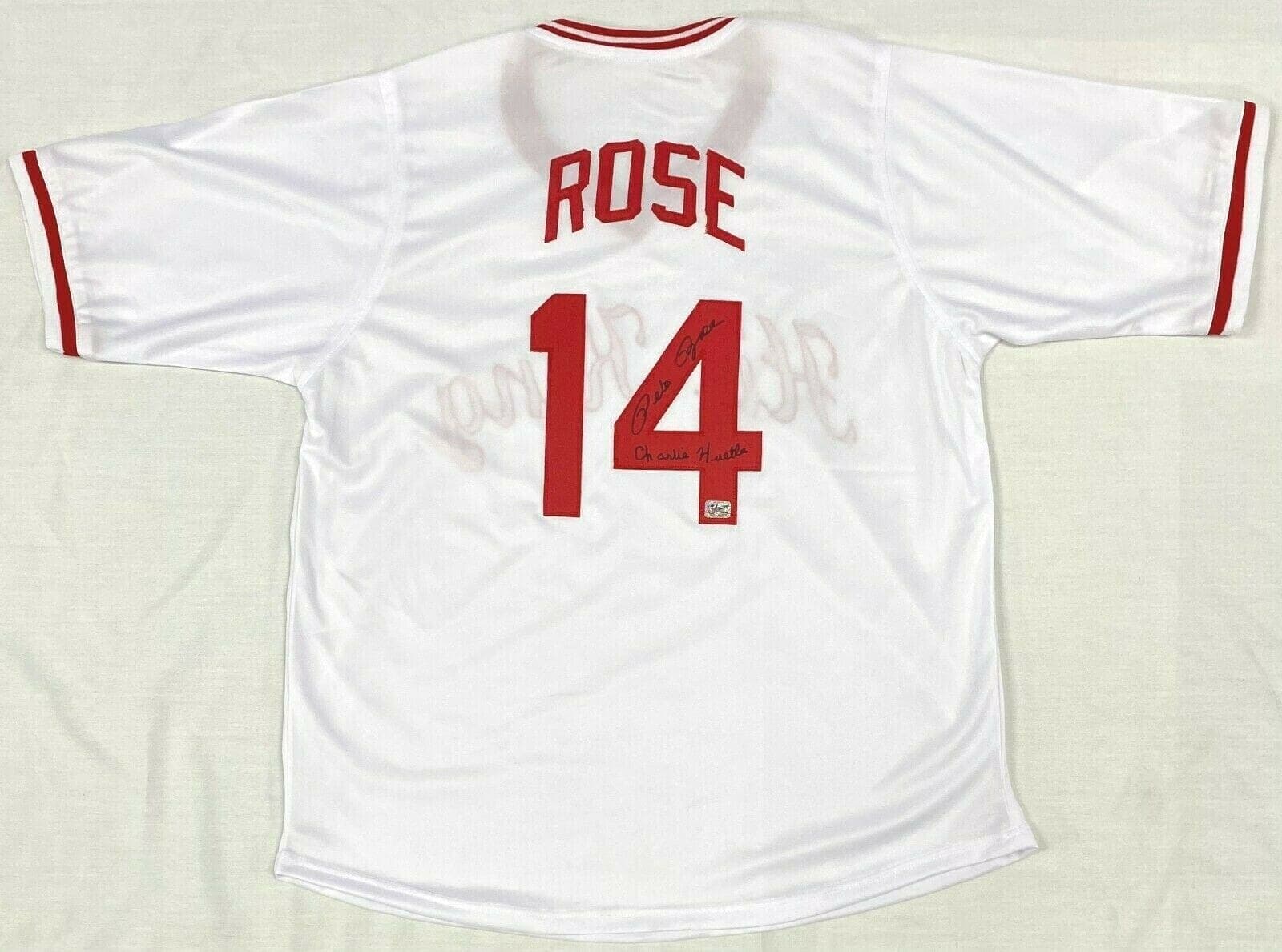 Pete Rose Signed White Jersey Pete Rose Exclusive Hologram Charlie Hustle 2 Pete Rose Jersey white-hologram-charlie-hustle-2, Cincinnati Reds, supplier stock photo