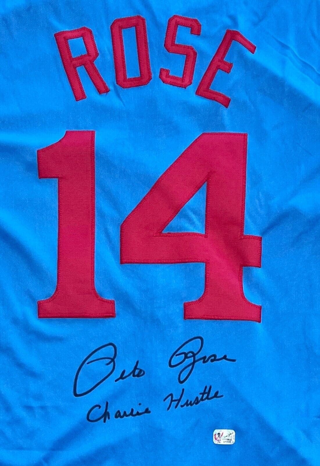 Pete Rose Signed Blue Jersey Pete Rose Exclusive Hologram Charlie Hustle Pete Rose Jersey blue-hologram-charlie-hustle, Cincinnati Reds, view 2, supplier stock photo
