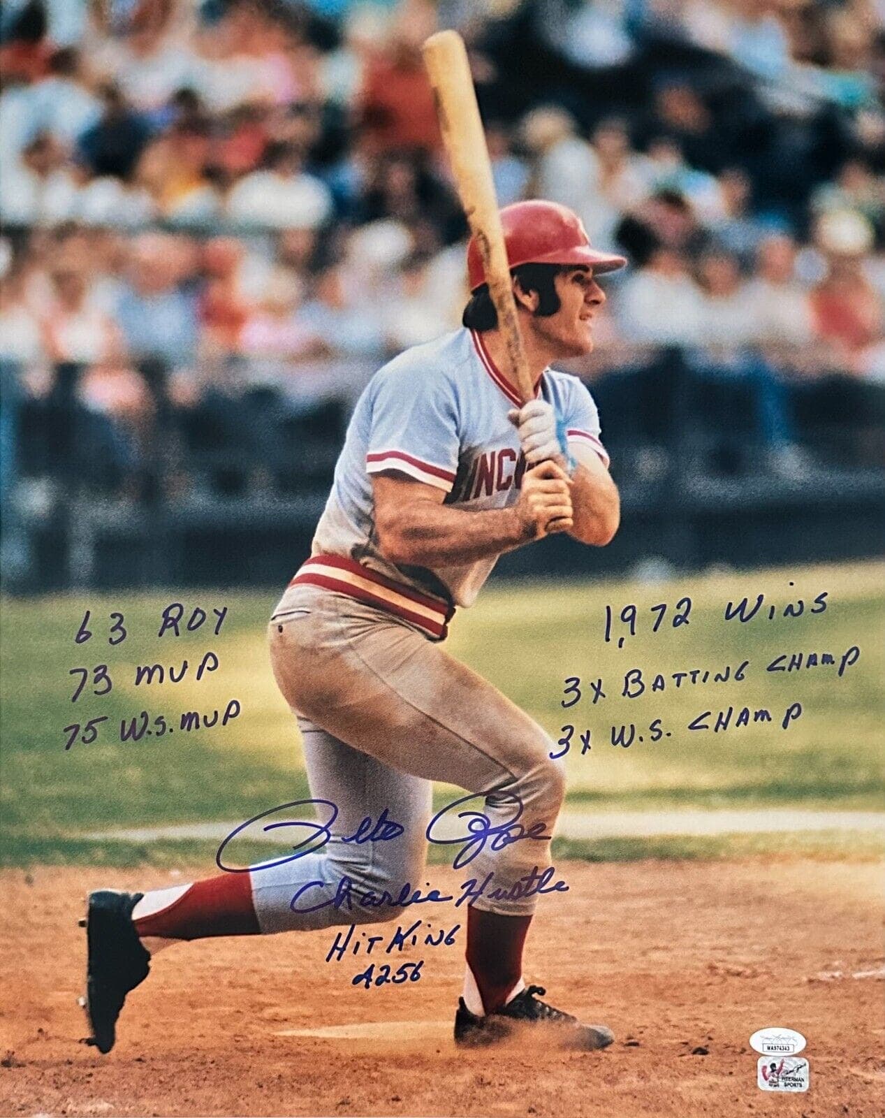 Pete Rose Signed 16×20 Photo JSA & Pete Rose Exclusive Authen #4 w/9 inscrip Pete Rose Photo 16x20-16-20-authen-4-9-inscrip, Cincinnati Reds, supplier stock photo