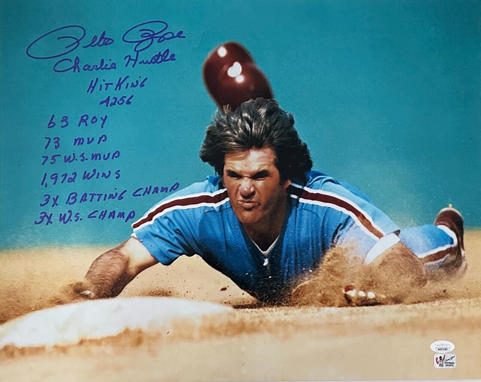 Pete Rose Signed 16×20 Photo JSA & Pete Rose Exclusive Authen #2 w/9 inscrip Pete Rose Photo 16x20-16-20-authen-2-9-inscrip, Cincinnati Reds, supplier stock photo