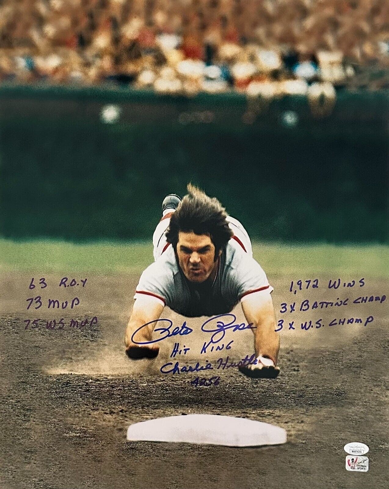 Pete Rose Signed 16×20 Photo JSA & Pete Rose Exclusive Authen #5 w/9 inscrip Pete Rose Photo 16x20-16-20-authen-5-9-inscrip, Cincinnati Reds, supplier stock photo