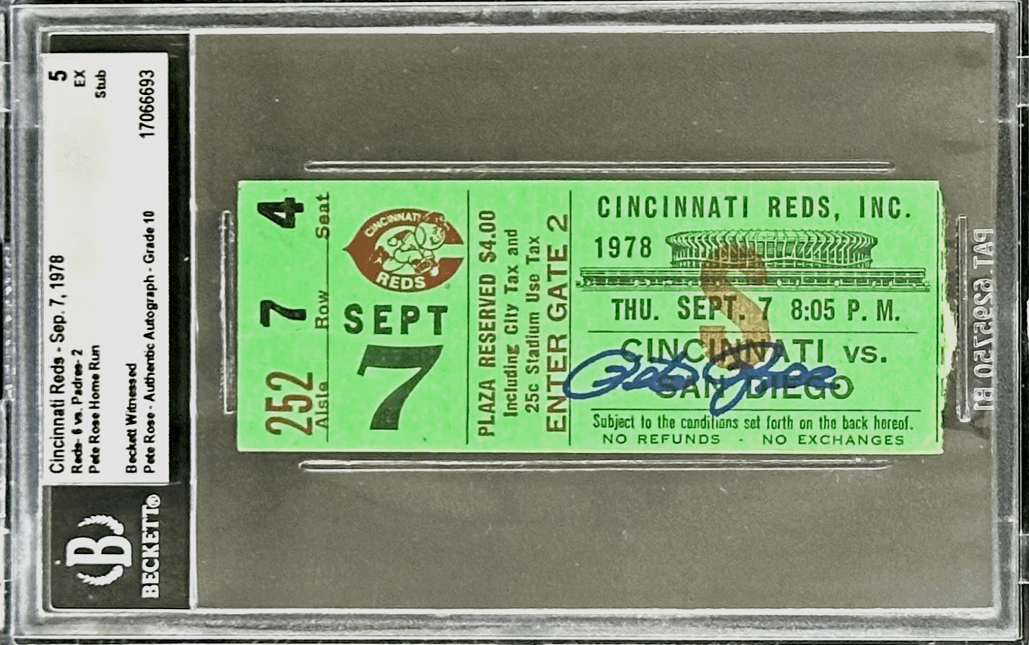 PETE ROSE AUTOGRAPHED TICKET STUB SEPTEMBER 11, 1985 BECKETT 5- EX AUTO 10 66693 Pete Rose Ticket Stub september-11-1985-5-ex-auto, Cincinnati Reds, supplier stock photo