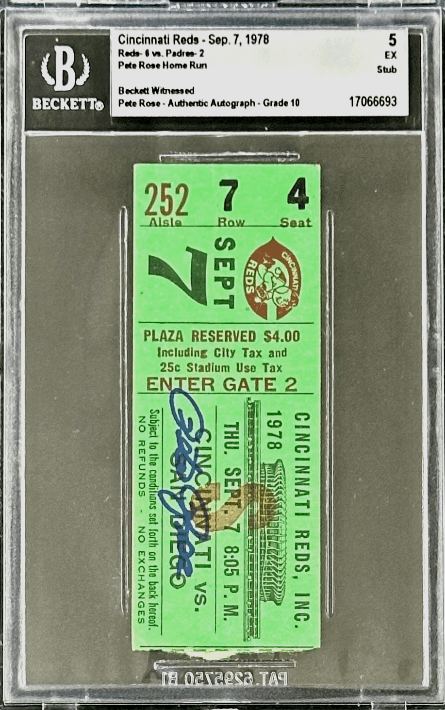PETE ROSE AUTOGRAPHED TICKET STUB SEPTEMBER 11, 1985 BECKETT 5- EX AUTO 10 66693 Pete Rose Ticket Stub september-11-1985-5-ex-auto, Cincinnati Reds, view 2, supplier stock photo