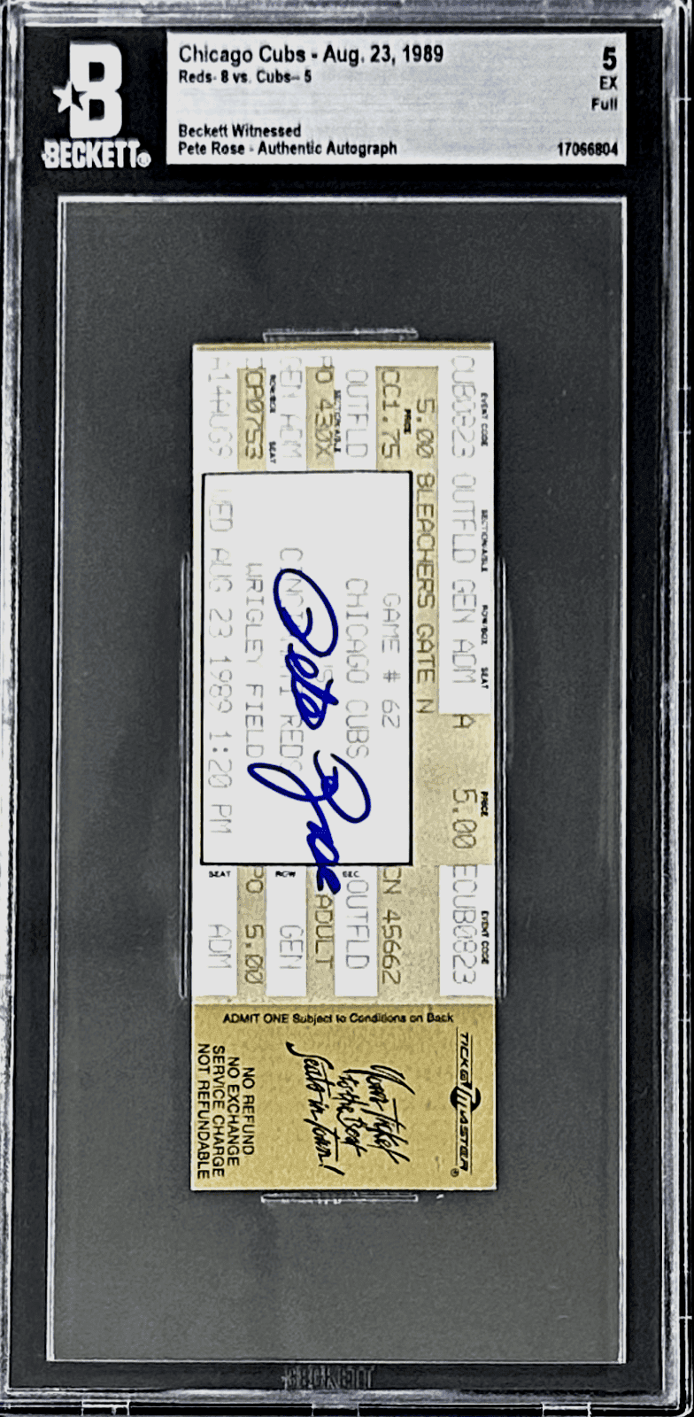 PETE ROSE AUTOGRAPHED FULL TICKET VS CUBS 8/23/1989 BECKETT 5 EX 17066804 Pete Rose Ticket Stub full-vs-8-23-1989-5, Chicago Cubs, view 2, supplier stock photo