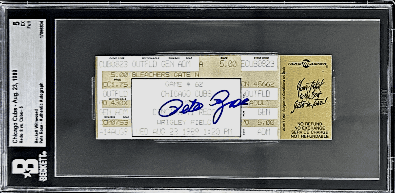 PETE ROSE AUTOGRAPHED FULL TICKET VS CUBS 8/23/1989 BECKETT 5 EX 17066804 Pete Rose Ticket Stub full-vs-8-23-1989-5, Chicago Cubs, supplier stock photo