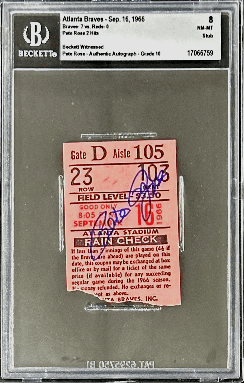 PETE ROSE AUTOGRAPHED TICKET STUB 9/16/66 BECKETT 8 NM-MT AUTO 10 17066759 Pete Rose Ticket Stub 17066759, Cincinnati Reds, supplier stock photo