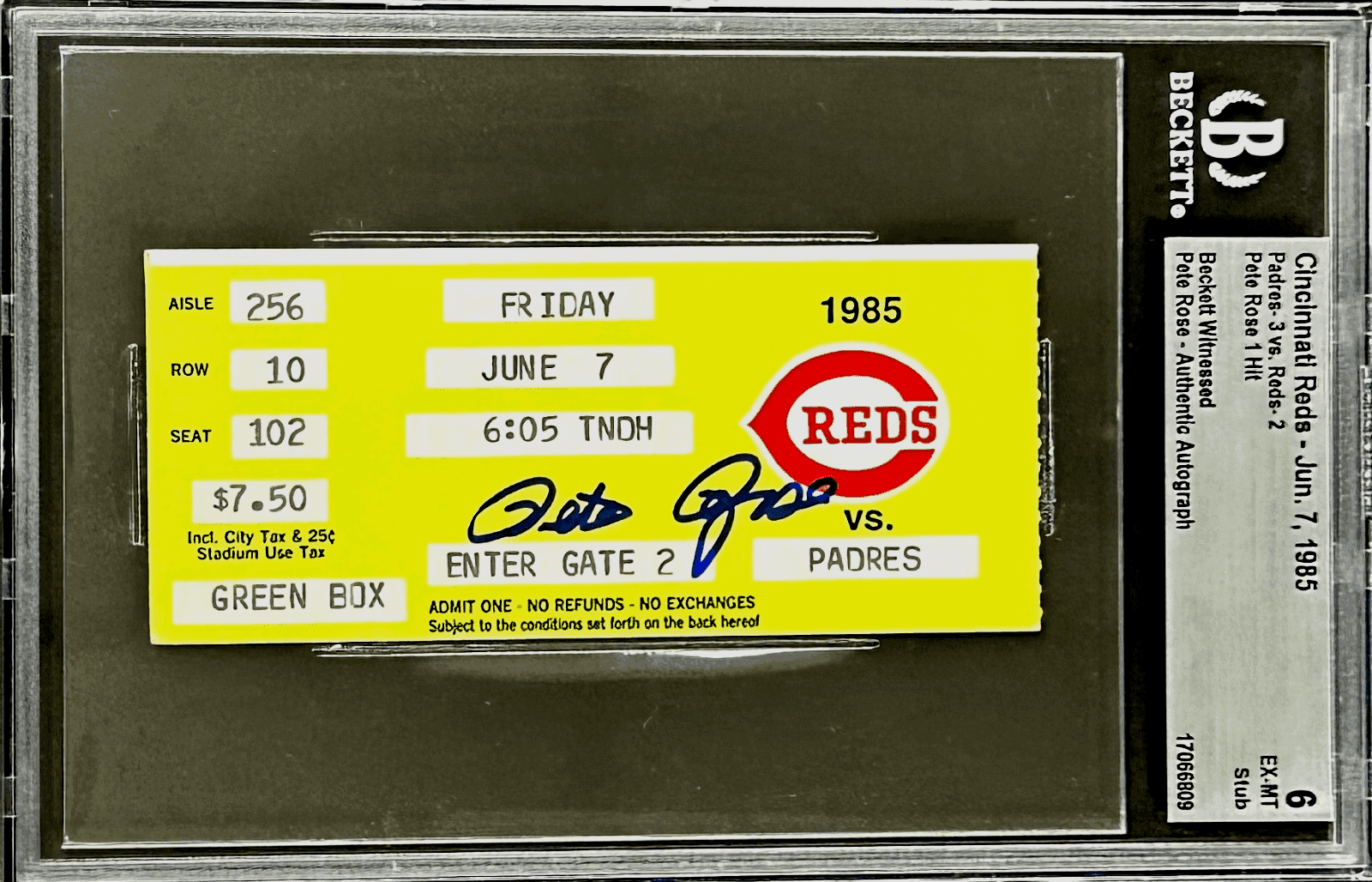PETE ROSE SIGNED TICKET STUB VS PADRES JUNE 7, 1985 BECKETT 6 EX-MT 17066809 Pete Rose Ticket Stub vs-june-7-1985-6-ex, San Diego Padres, supplier stock photo