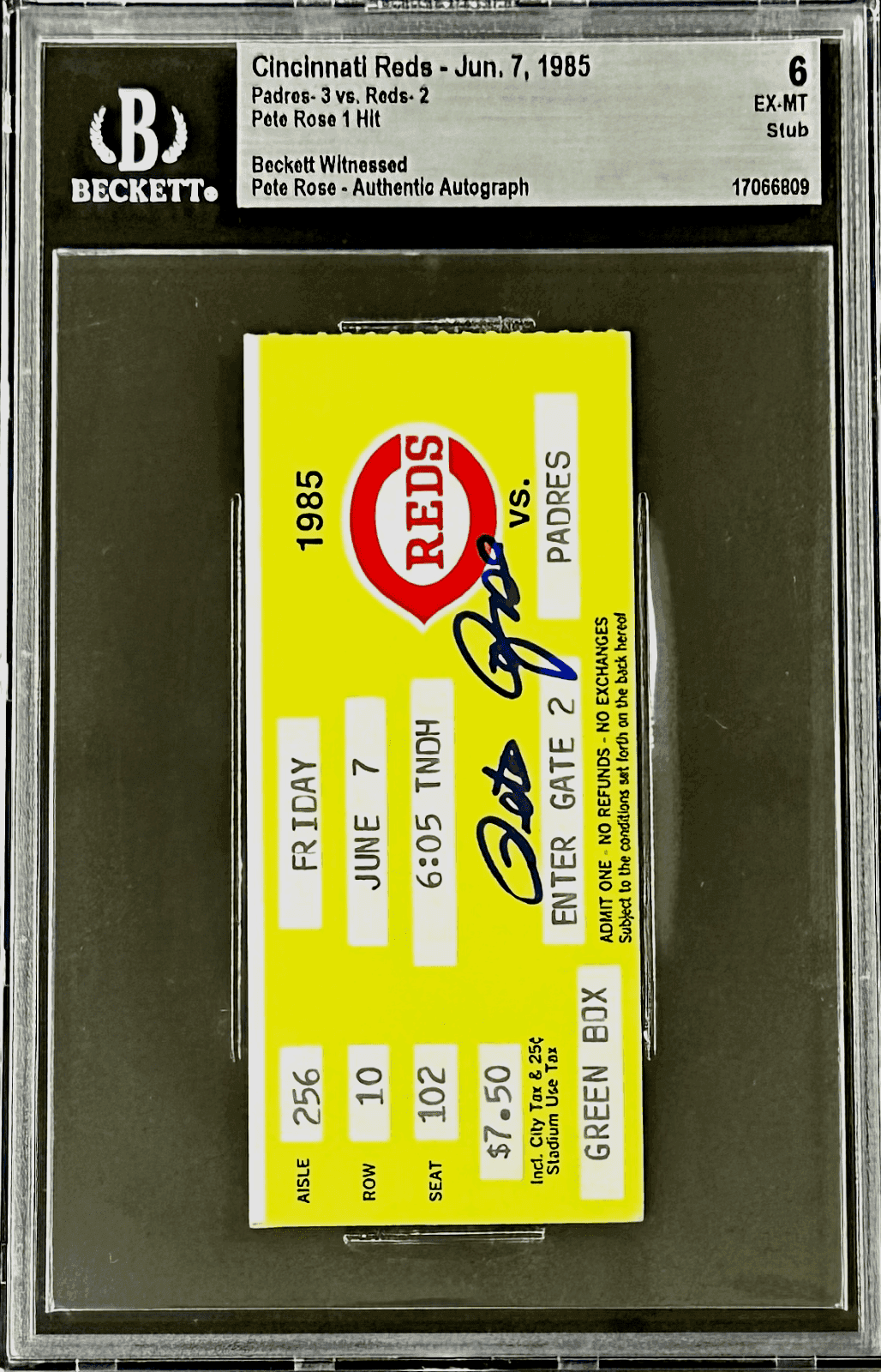 PETE ROSE SIGNED TICKET STUB VS PADRES JUNE 7, 1985 BECKETT 6 EX-MT 17066809 Pete Rose Ticket Stub vs-june-7-1985-6-ex, San Diego Padres, view 2, supplier stock photo