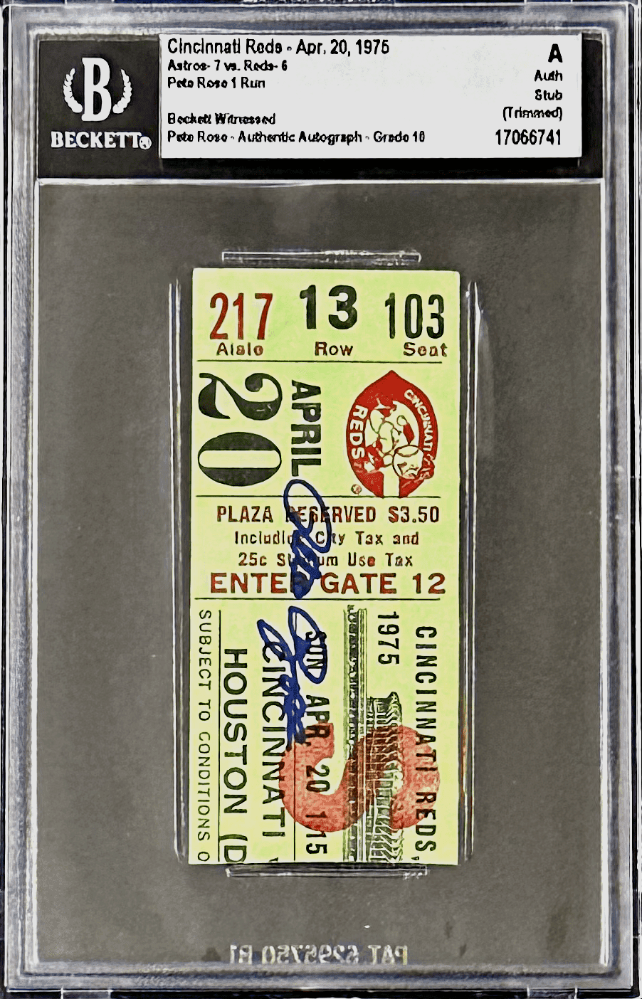 Pete Rose Autographed Signed Apr. 20, 1975 Ticket Stub Beckett A Auth 1 Run Pete Rose Ticket Stub apr-20-1975-auth-1-run, Cincinnati Reds, view 2, supplier stock photo