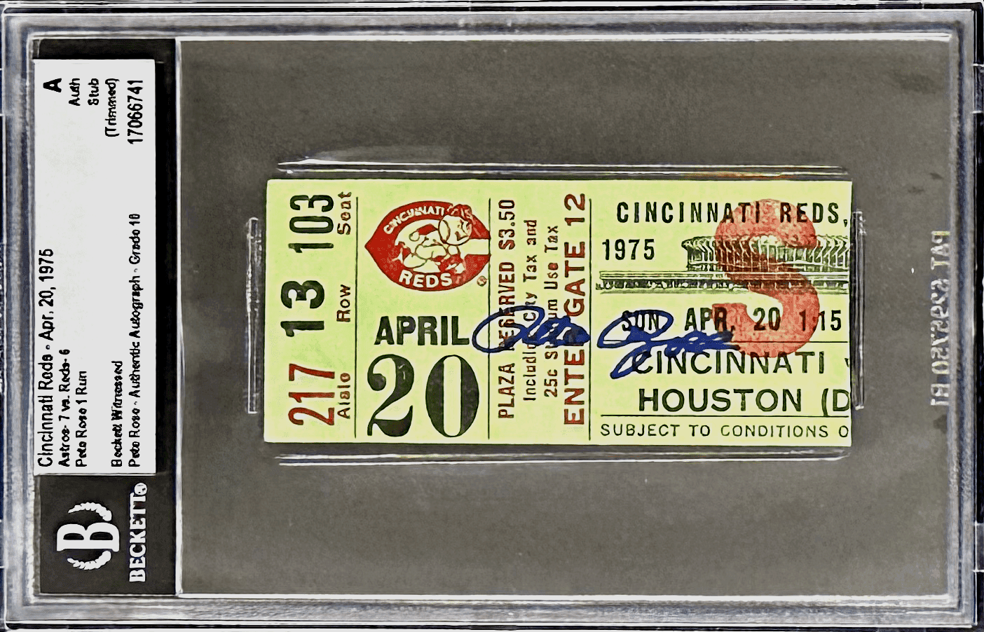 Pete Rose Autographed Signed Apr. 20, 1975 Ticket Stub Beckett A Auth 1 Run Pete Rose Ticket Stub apr-20-1975-auth-1-run, Cincinnati Reds, supplier stock photo