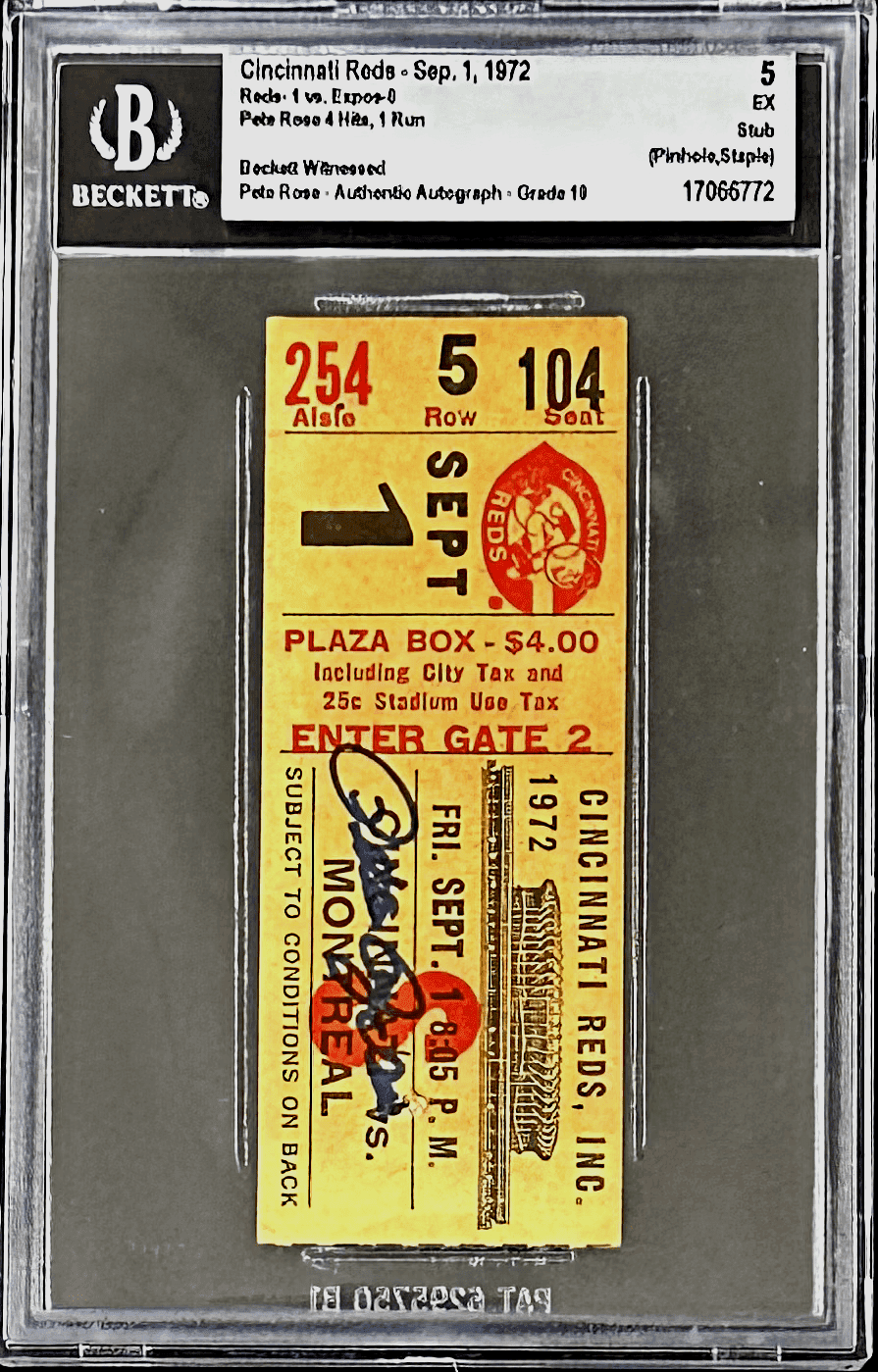 Pete Rose Signed Cincinnati Reds vs Montreal Expos 9/1/1972 Beckett Ticket Stub Pete Rose Ticket Stub vs-montreal-expos-9-1-1972, Cincinnati Reds, view 2, supplier stock photo