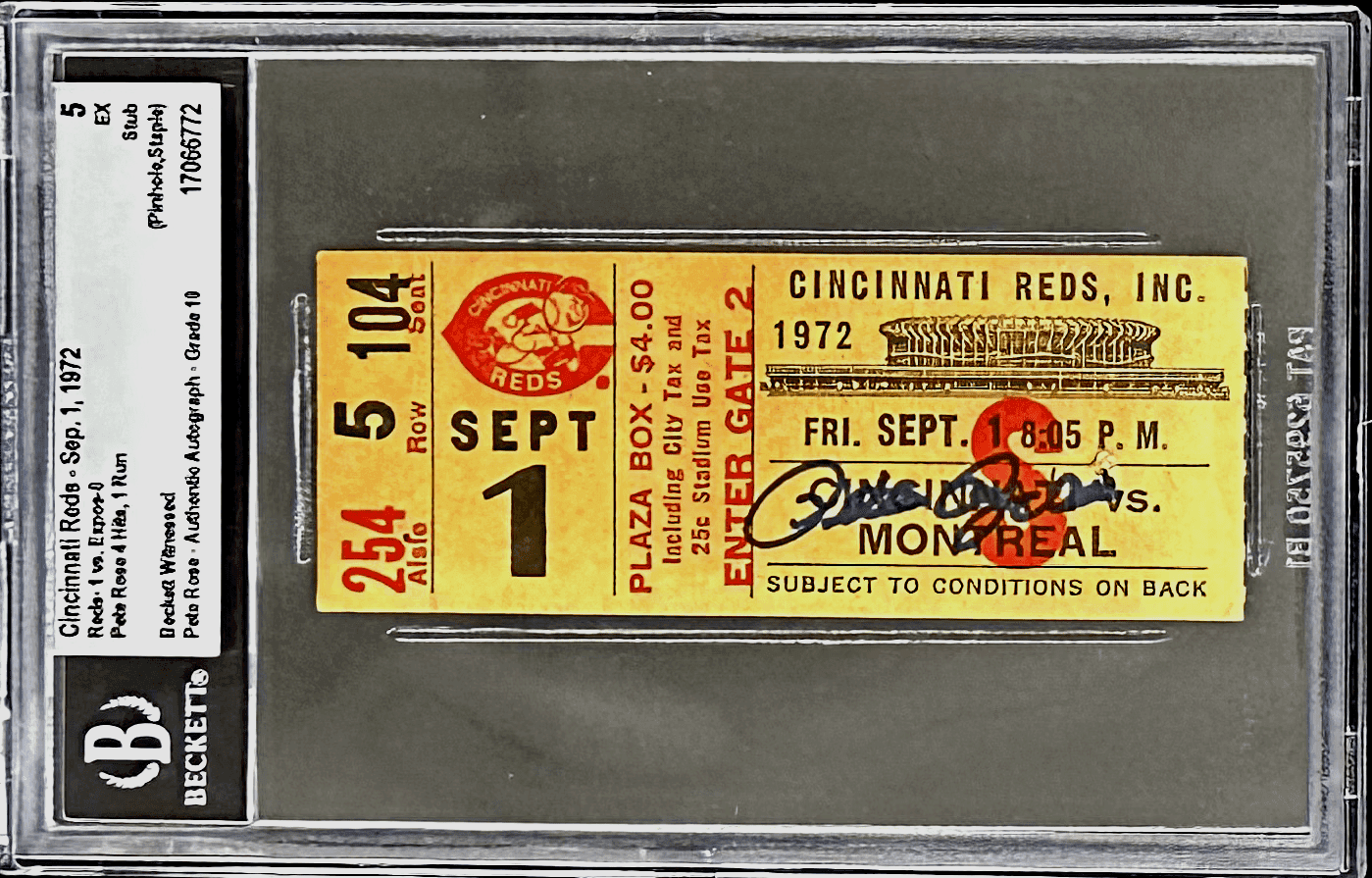 Pete Rose Signed Cincinnati Reds vs Montreal Expos 9/1/1972 Beckett Ticket Stub Pete Rose Ticket Stub vs-montreal-expos-9-1-1972, Cincinnati Reds, supplier stock photo