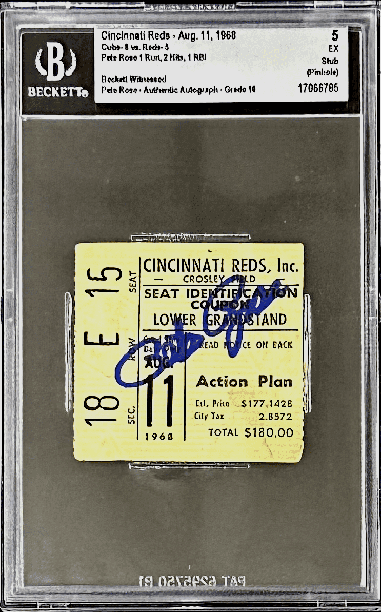 PETE ROSE AUTOGRAPHED TICKET STUB Aug. 11, 1968 BECKETT 5 EX AUTO 10 17066785 Pete Rose Ticket Stub aug-11-1968-5-ex-auto, Cincinnati Reds, supplier stock photo