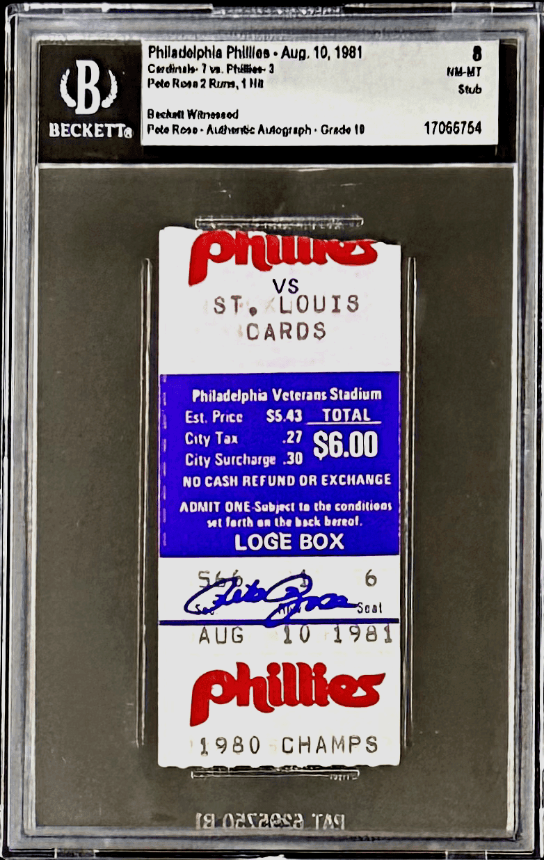 Pete Rose Autographed Signed Aug. 10, 1981 Ticket Stub Beckett 8 NM-MT Pete Rose Ticket Stub aug-10-1981-8-nm-mt, Cincinnati Reds, supplier stock photo