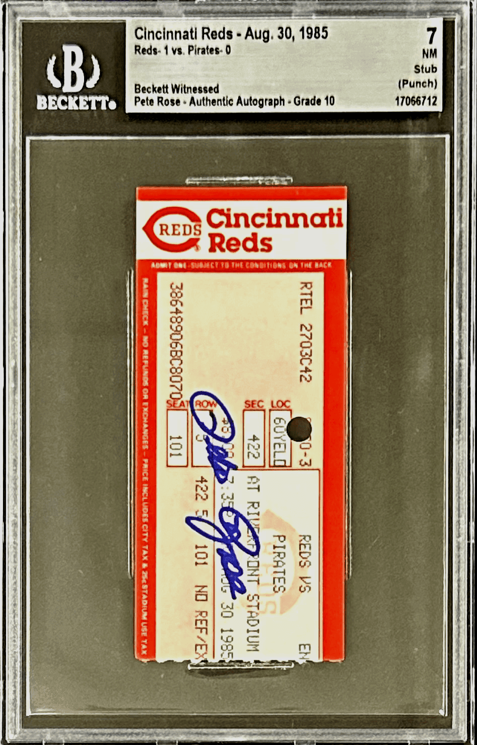PETE ROSE AUTOGRAPHED TICKET STUB BECKETT 7 NM (PUNCH) 17066712 AUG. 30TH, 1985 Pete Rose Ticket Stub 7-nm-punch-17066712-aug-30th, Cincinnati Reds, view 2, supplier stock photo