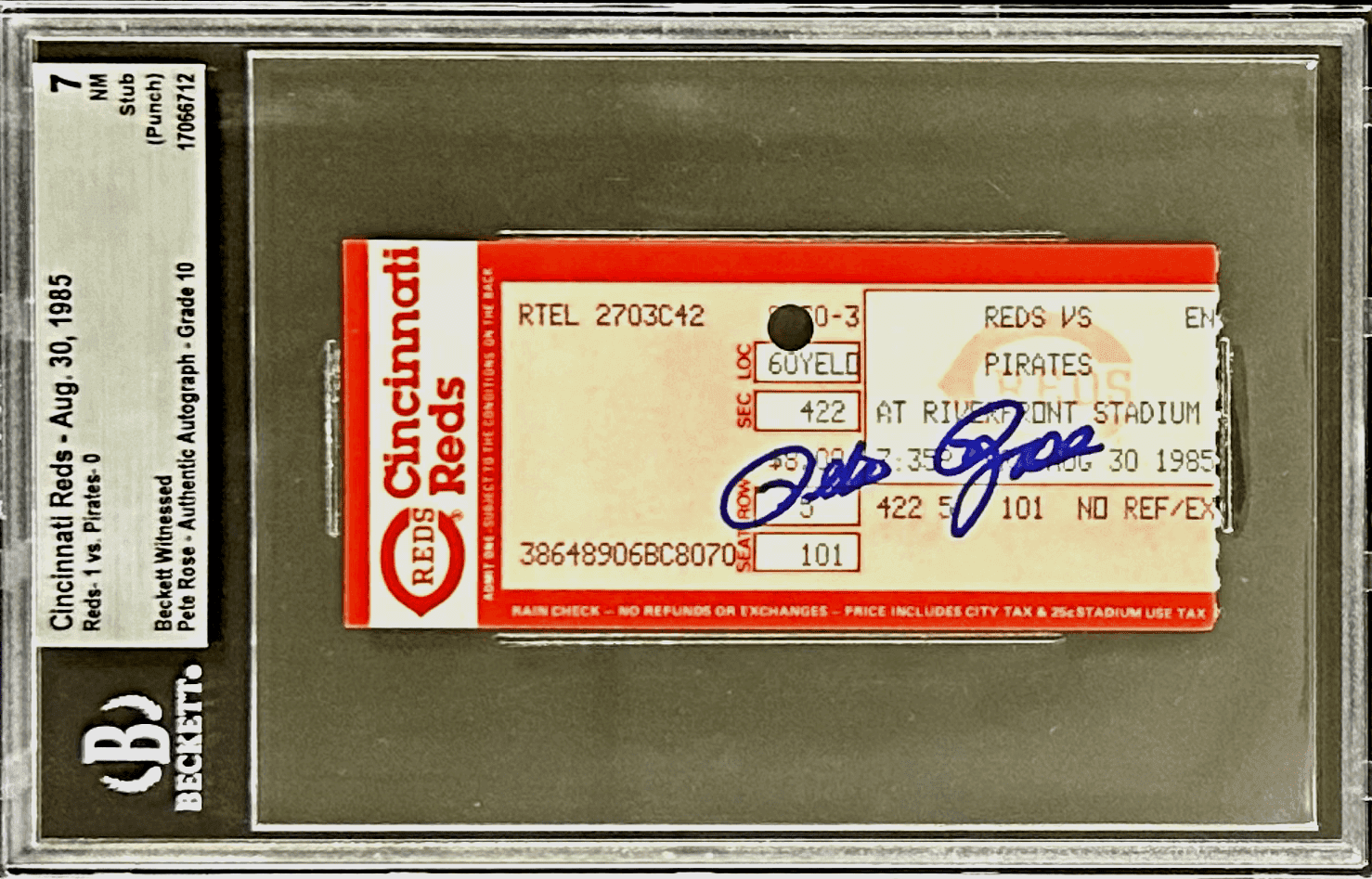 PETE ROSE AUTOGRAPHED TICKET STUB BECKETT 7 NM (PUNCH) 17066712 AUG. 30TH, 1985 Pete Rose Ticket Stub 7-nm-punch-17066712-aug-30th, Cincinnati Reds, supplier stock photo