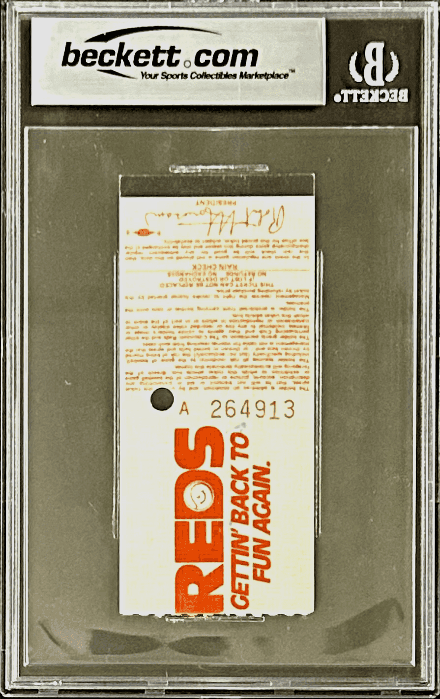 PETE ROSE AUTOGRAPHED TICKET STUB BECKETT 7 NM (PUNCH) 17066712 AUG. 30TH, 1985 Pete Rose Ticket Stub 7-nm-punch-17066712-aug-30th, Cincinnati Reds, view 3, supplier stock photo