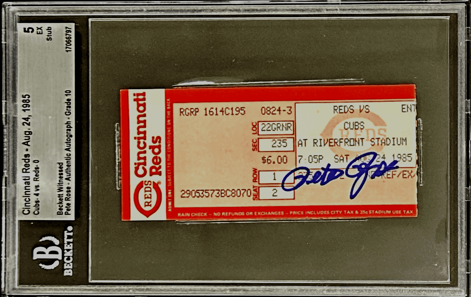 PETE ROSE AUTOGRAPHED TICKET STUB 8/24/1985 BECKETT 5 EX AUTO 10 17066797 Pete Rose Ticket Stub 17066797, Cincinnati Reds, supplier stock photo
