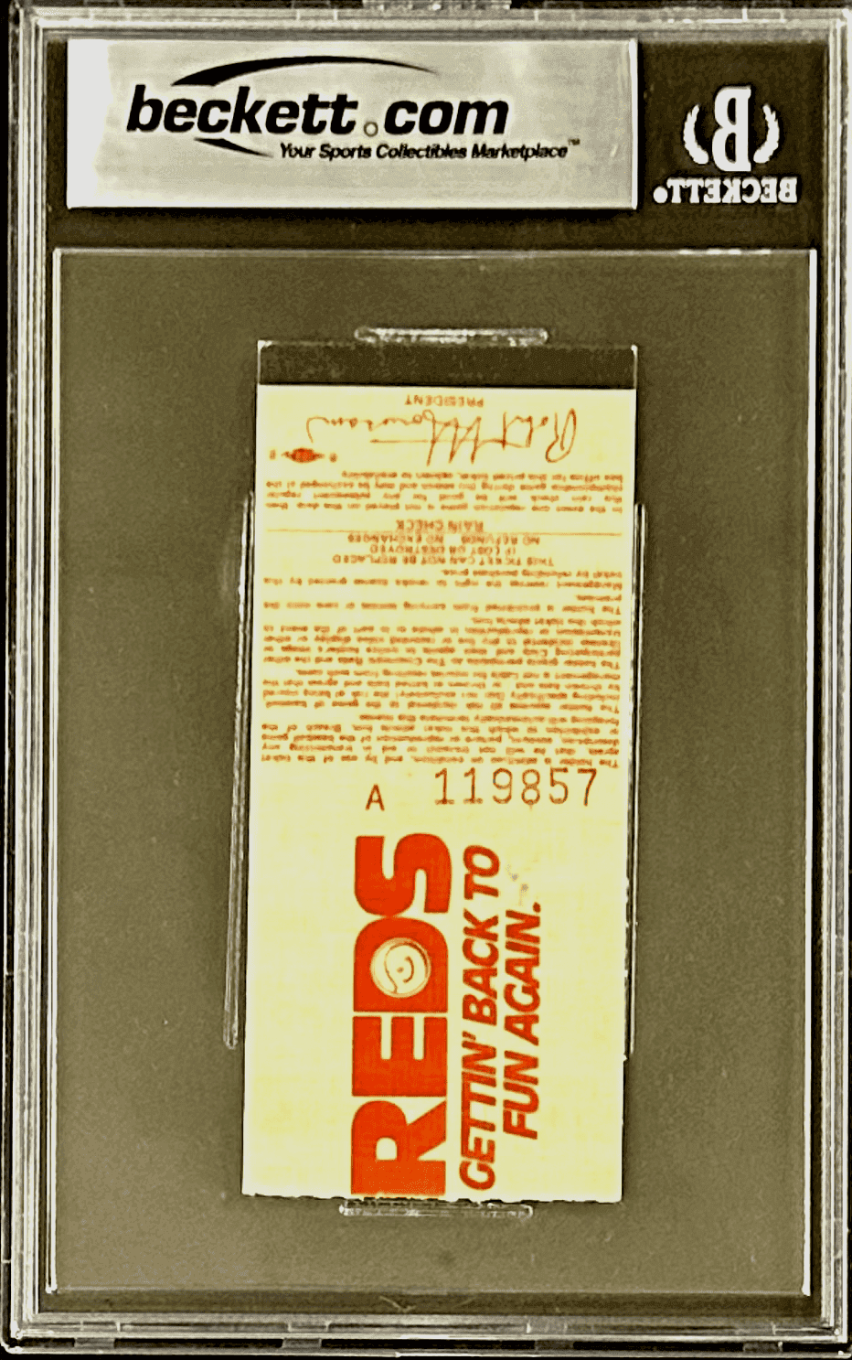 PETE ROSE AUTOGRAPHED TICKET STUB 8/24/1985 BECKETT 5 EX AUTO 10 17066797 Pete Rose Ticket Stub 17066797, Cincinnati Reds, view 3, supplier stock photo
