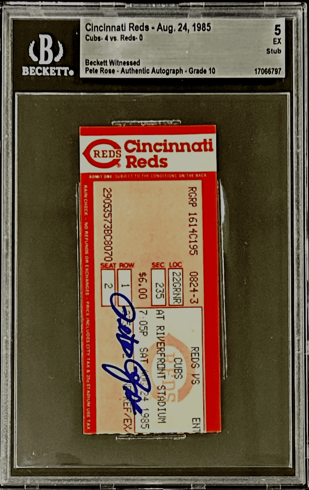 PETE ROSE AUTOGRAPHED TICKET STUB 8/24/1985 BECKETT 5 EX AUTO 10 17066797 Pete Rose Ticket Stub 17066797, Cincinnati Reds, view 2, supplier stock photo