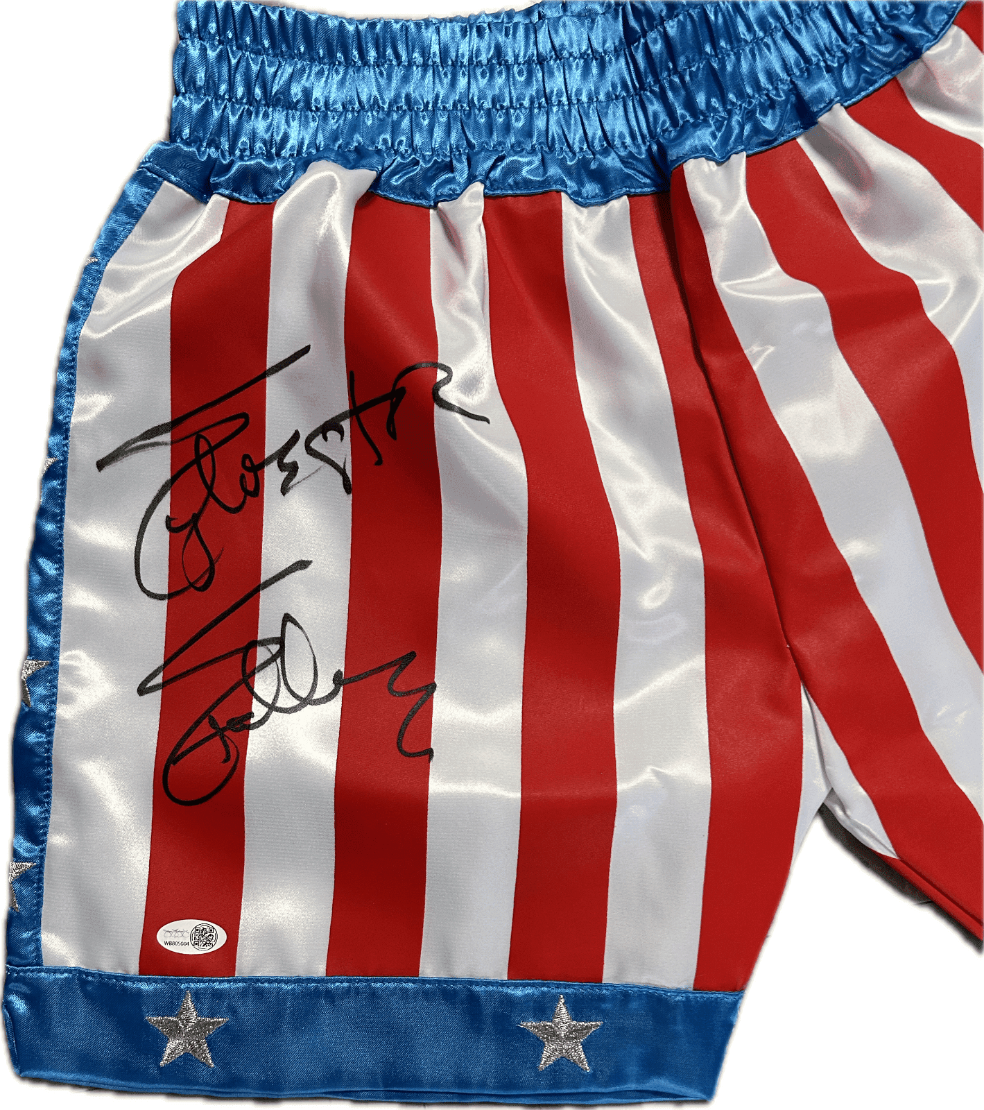 Sylvester Stallone Signed Rocky IV Framed Trunks JSA Witness Authenticated Sylvester Stallone Other sylvester-stallone-rocky-iv-framed-trunks, view 3, supplier stock photo
