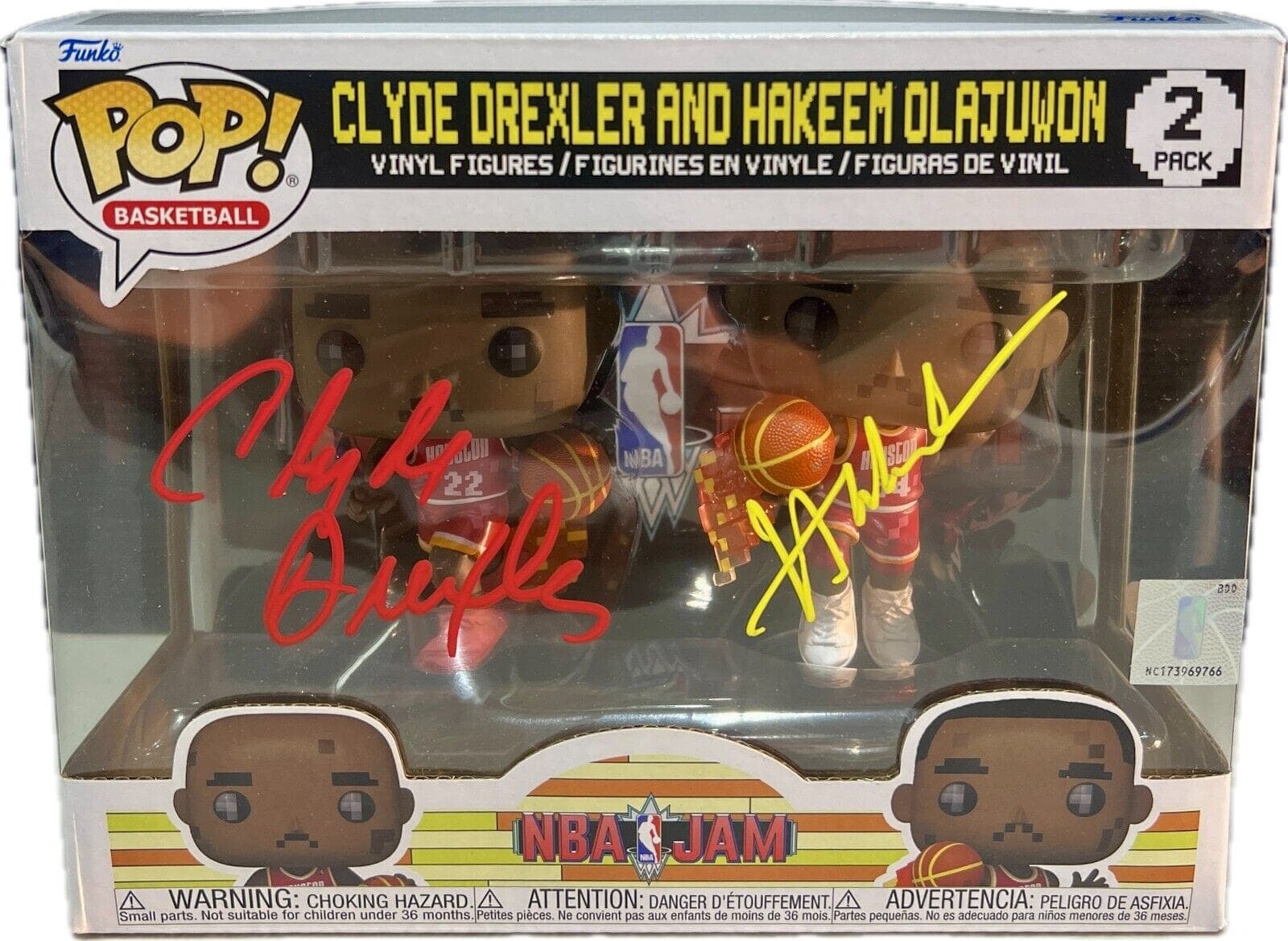Clyde Drexler Hakeem Olajuwon Signed Autographed Funko POP 2 JSA RED/Yellow Hakeem Olajuwon Ball clyde-drexler-funko-pop-2-red, Houston Rockets, supplier stock photo