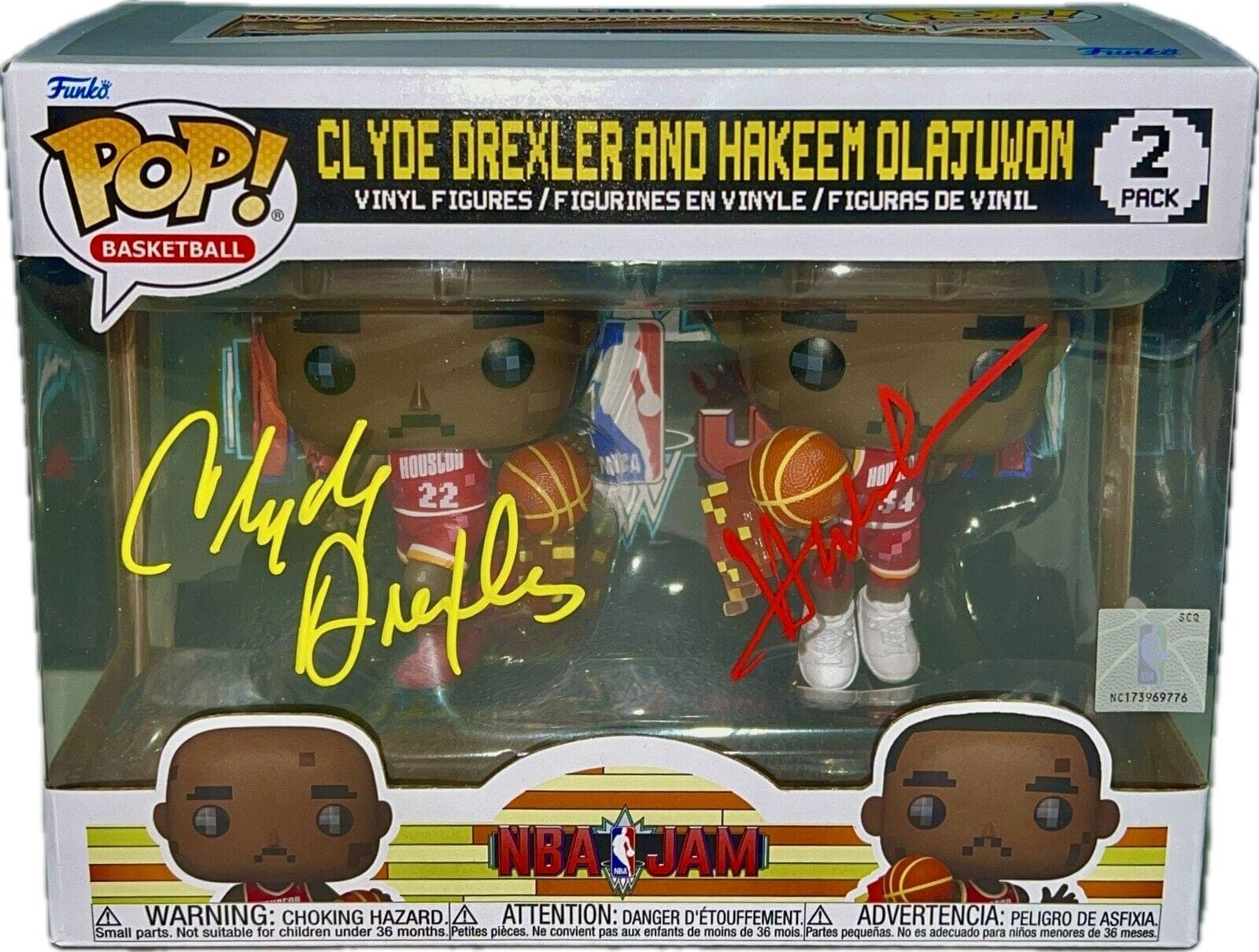 Clyde Drexler Hakeem Olajuwon Signed Autographed Funko POP 2 JSA Yellow/RED Hakeem Olajuwon Ball clyde-drexler-funko-pop-2-yellow, Houston Rockets, supplier stock photo
