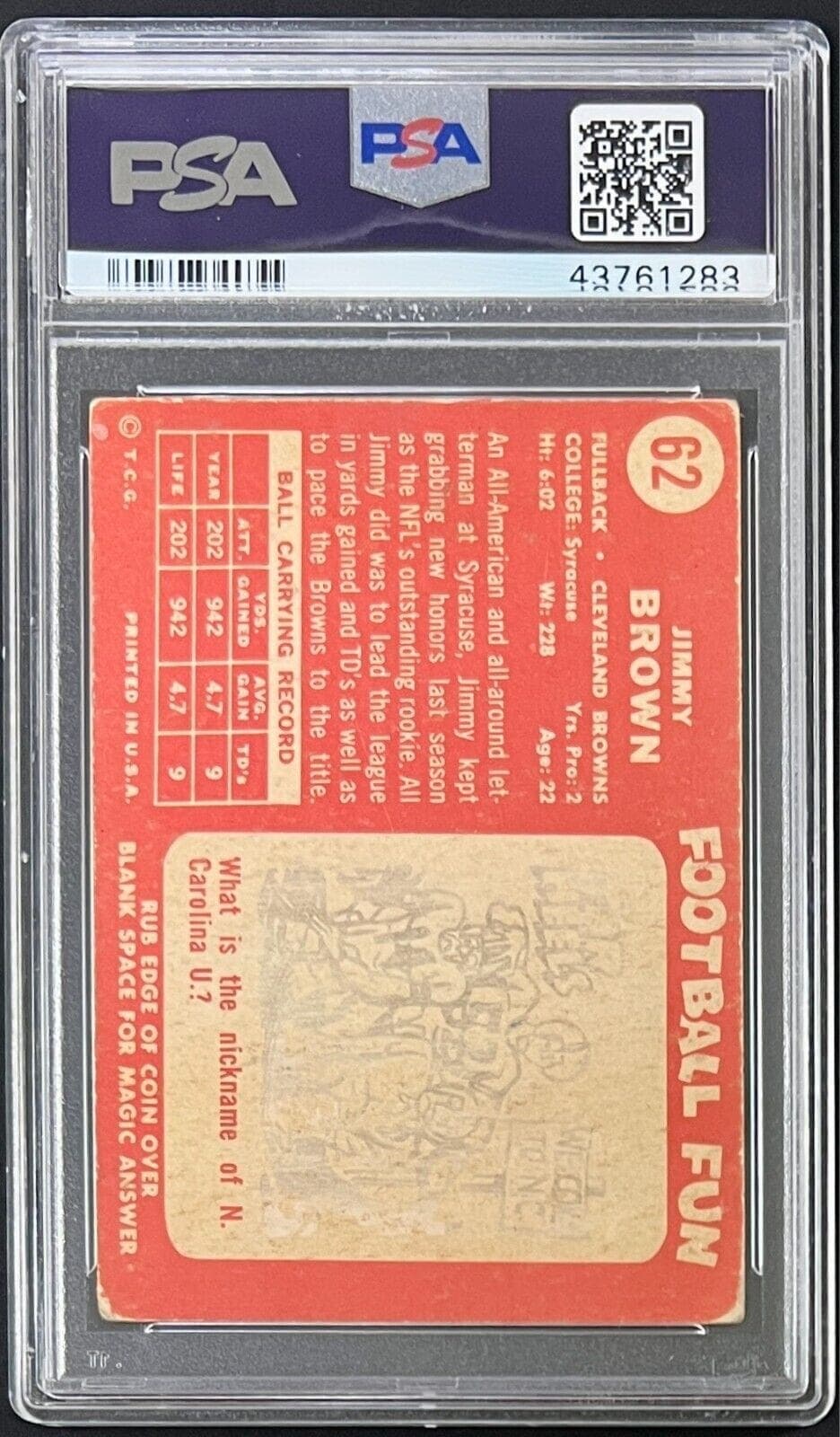 Jimmy “Jim” Brown Signed 1958 Topps Card #62 PSA/DNA 43761283 Jim Brown Card jimmy-1958-topps-62-43761283, Cleveland Browns, view 2, supplier stock photo