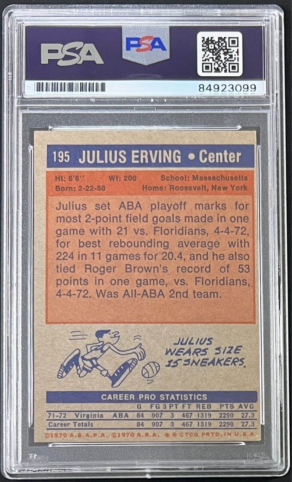 Julius “Dr. J” Erving Signed 1970 Topps Card #195 PSA/DNA Auto 10 84923099 Julius Erving Card dr-1970-topps-195-auto-10, Philadelphia 76ers, view 2, supplier stock photo