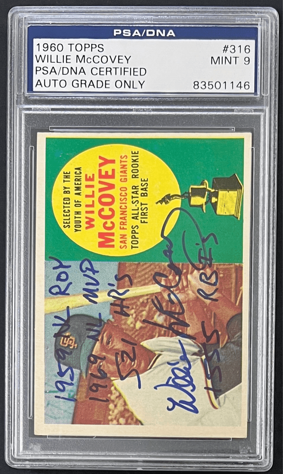 Willie McCovey Signed 1960 Topps Card #316 PSA/DNA Auto 9 83501146 w/4 Inscrip Willie McCovey Card 83501146, San Francisco Giants, view 2, supplier stock photo