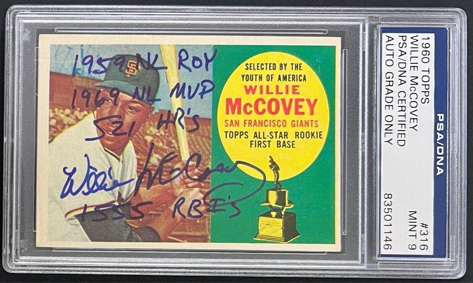 Willie McCovey Signed 1960 Topps Card #316 PSA/DNA Auto 9 83501146 w/4 Inscrip Willie McCovey Card 83501146, San Francisco Giants, supplier stock photo