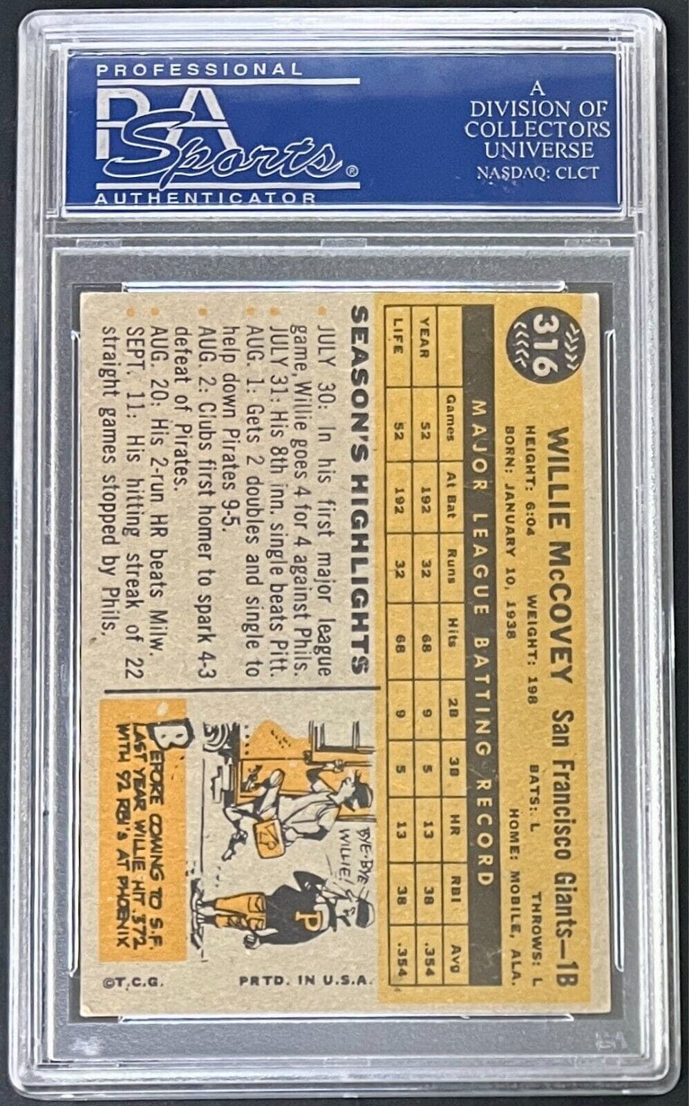 Willie McCovey Signed 1960 Topps Card #316 PSA/DNA Auto 9 83501146 w/4 Inscrip Willie McCovey Card 83501146, San Francisco Giants, view 3, supplier stock photo