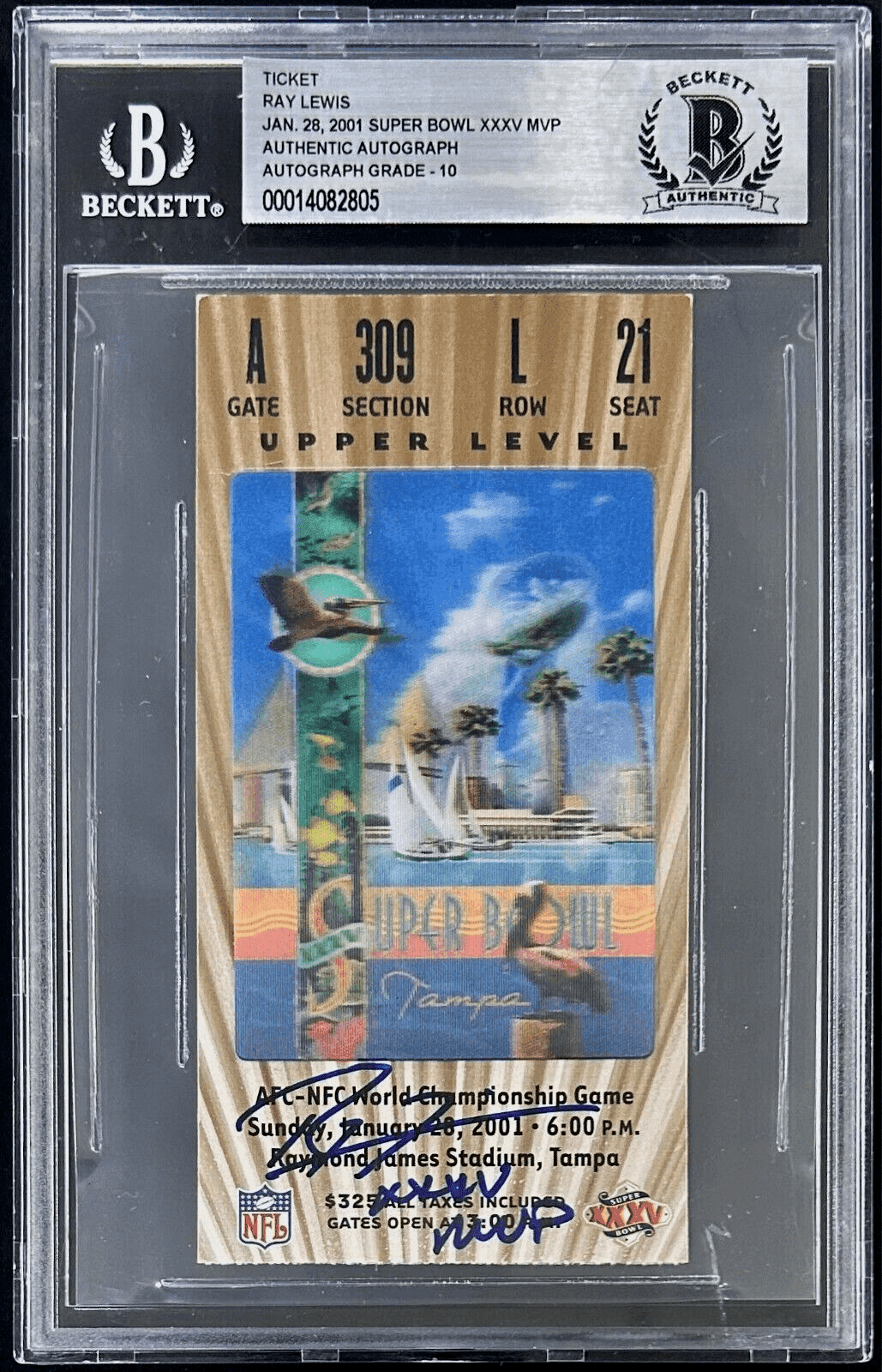 Ray Lewis Signed Super Bowl XXXV Ticket Stub Beckett Auto 10 14082805 XXXV MVP Ray Lewis Ticket Stub ray-lewis-super-bowl-xxxv-auto, Baltimore Ravens, supplier stock photo