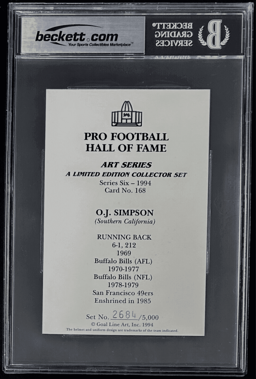 O.J. Simpson Signed 1989-97 Goal Line HOF Card 168 Beckett 17388594 HOF 85 O.J. Simpson Card simpson-1989-97-goal-line-hof, Buffalo Bills, view 2, supplier stock photo