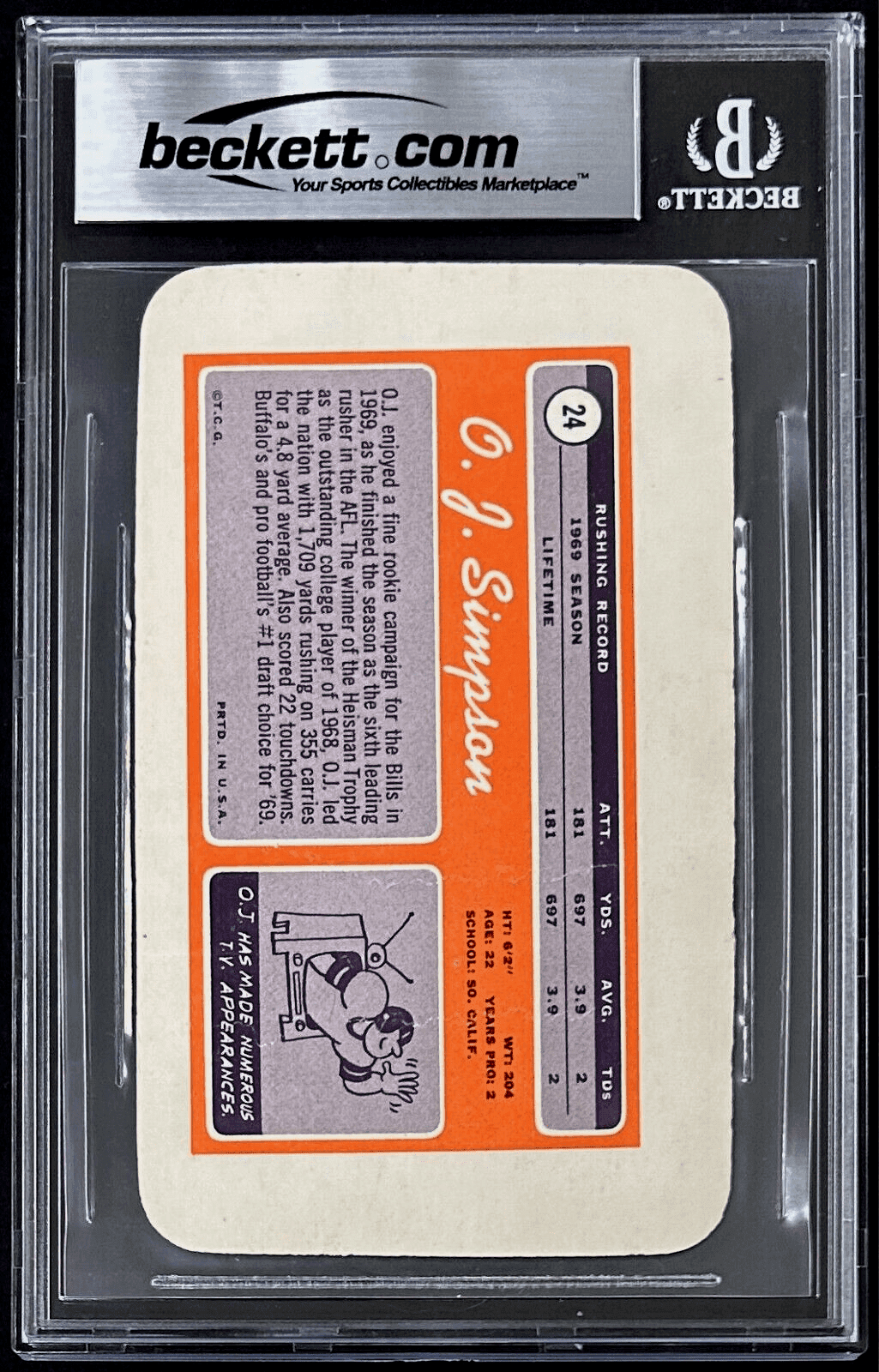 O.J. Simpson Signed 1970 Topps Super Card #24 Beckett 17388550 Auto 10 Rookie O.J. Simpson Card 17388550, Buffalo Bills, view 2, supplier stock photo