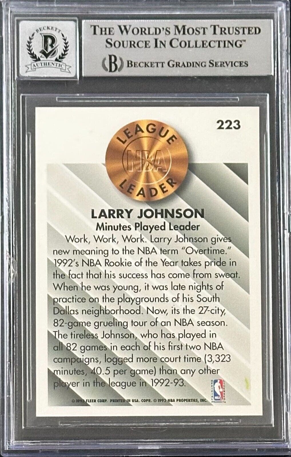 Larry Johnson 1993-94 Fleer LL #223 Beckett Authentication Auto 10 Larry Johnson Card larry-johnson-1993-94-fleer-ll, view 2, supplier stock photo