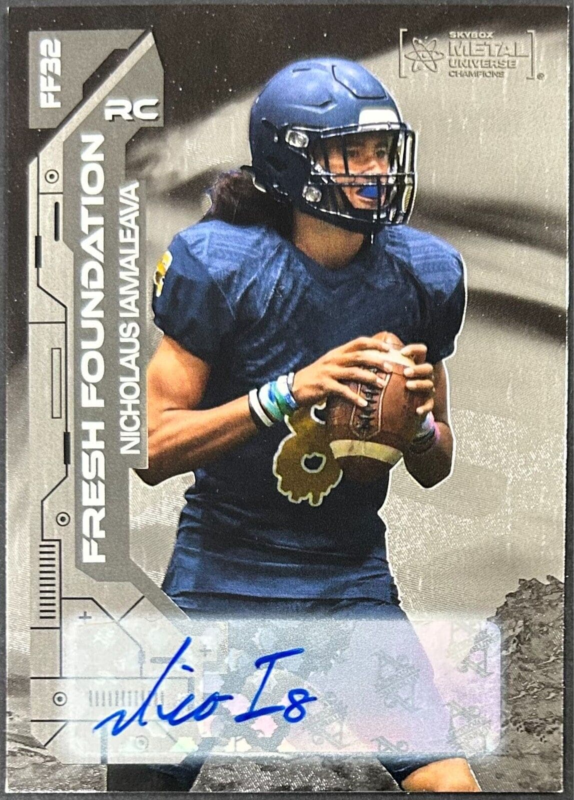 Nicholaus Iamaleava Signed 2023 Skybox Metal Universe Champions RC Rookie 01/99 Nicholaus Iamaleava Card nicholaus-iamaleava-2023-skybox-metal-universe, supplier stock photo
