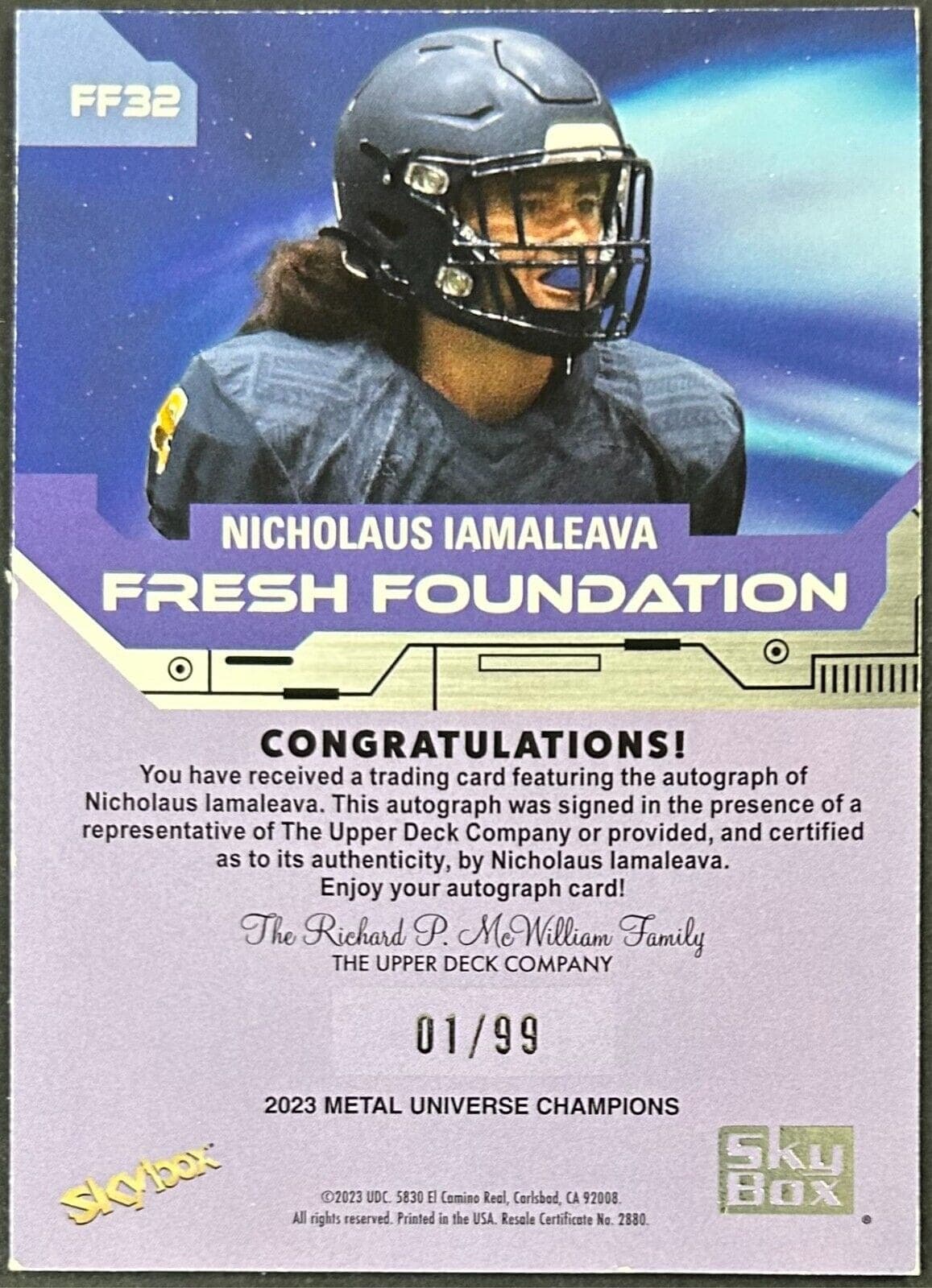 Nicholaus Iamaleava Signed 2023 Skybox Metal Universe Champions RC Rookie 01/99 Nicholaus Iamaleava Card nicholaus-iamaleava-2023-skybox-metal-universe, view 2, supplier stock photo