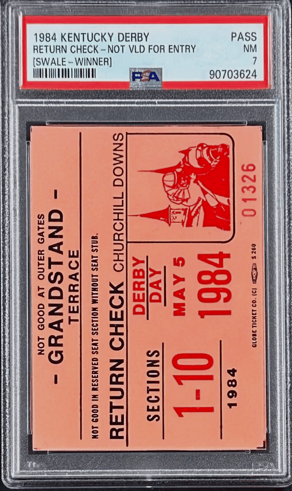 1984 Kentucky Derby Slabbed PSA Return Check Stub NM 7 Derby Winner Swale Ticket Stub 1984-kentucky-derby-slabbed-return-check, view 2, supplier stock photo