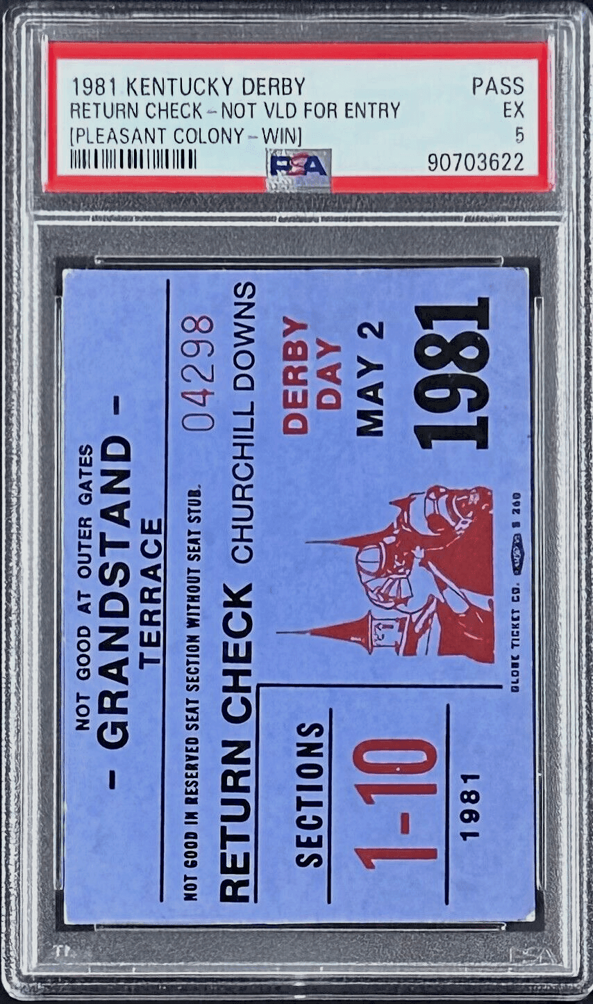 1981 Kentucky Derby Slabbed PSA Return Check Stub EX 5 Winner Pleasant Colony Ticket Stub 1981-kentucky-derby-slabbed-return-check, view 2, supplier stock photo