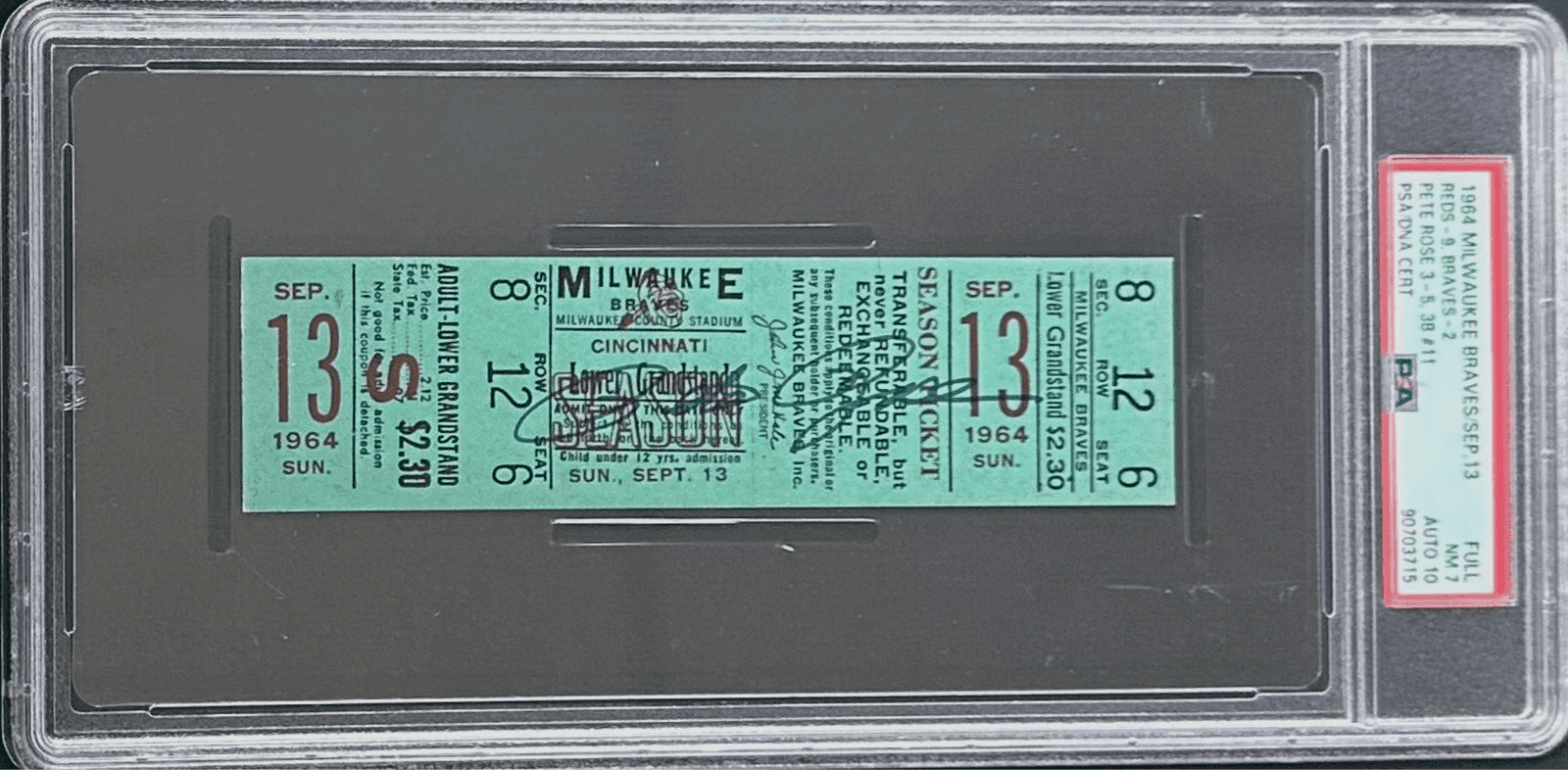 PETE ROSE AUTOGRAPHED FULL TICKET PSA NM 7 AUTO 10 9/13/64 90703715 (TRIPLE #11) Pete Rose Ticket Stub 90703715, Cincinnati Reds, supplier stock photo
