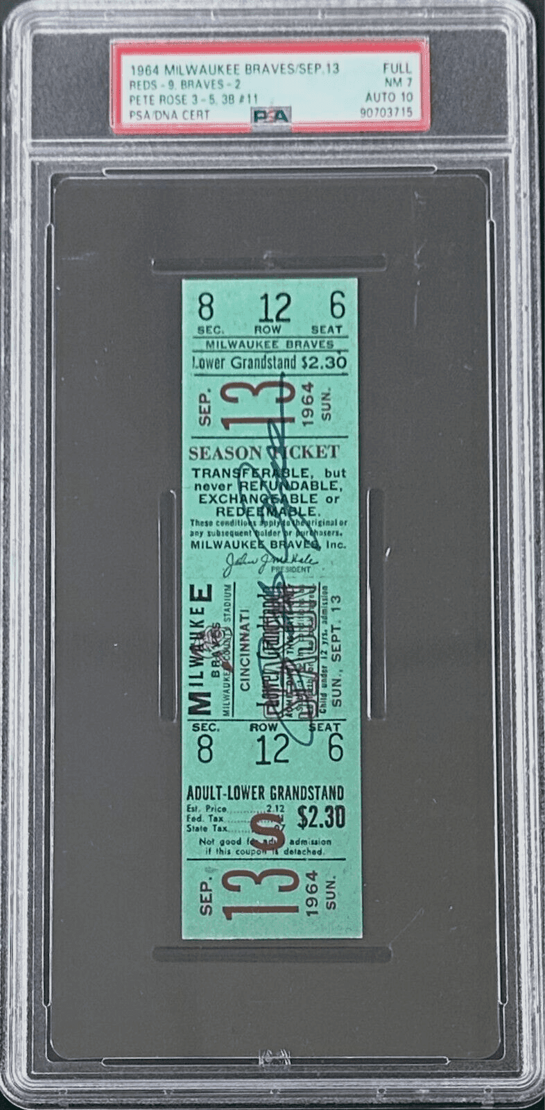 PETE ROSE AUTOGRAPHED FULL TICKET PSA NM 7 AUTO 10 9/13/64 90703715 (TRIPLE #11) Pete Rose Ticket Stub 90703715, Cincinnati Reds, view 2, supplier stock photo