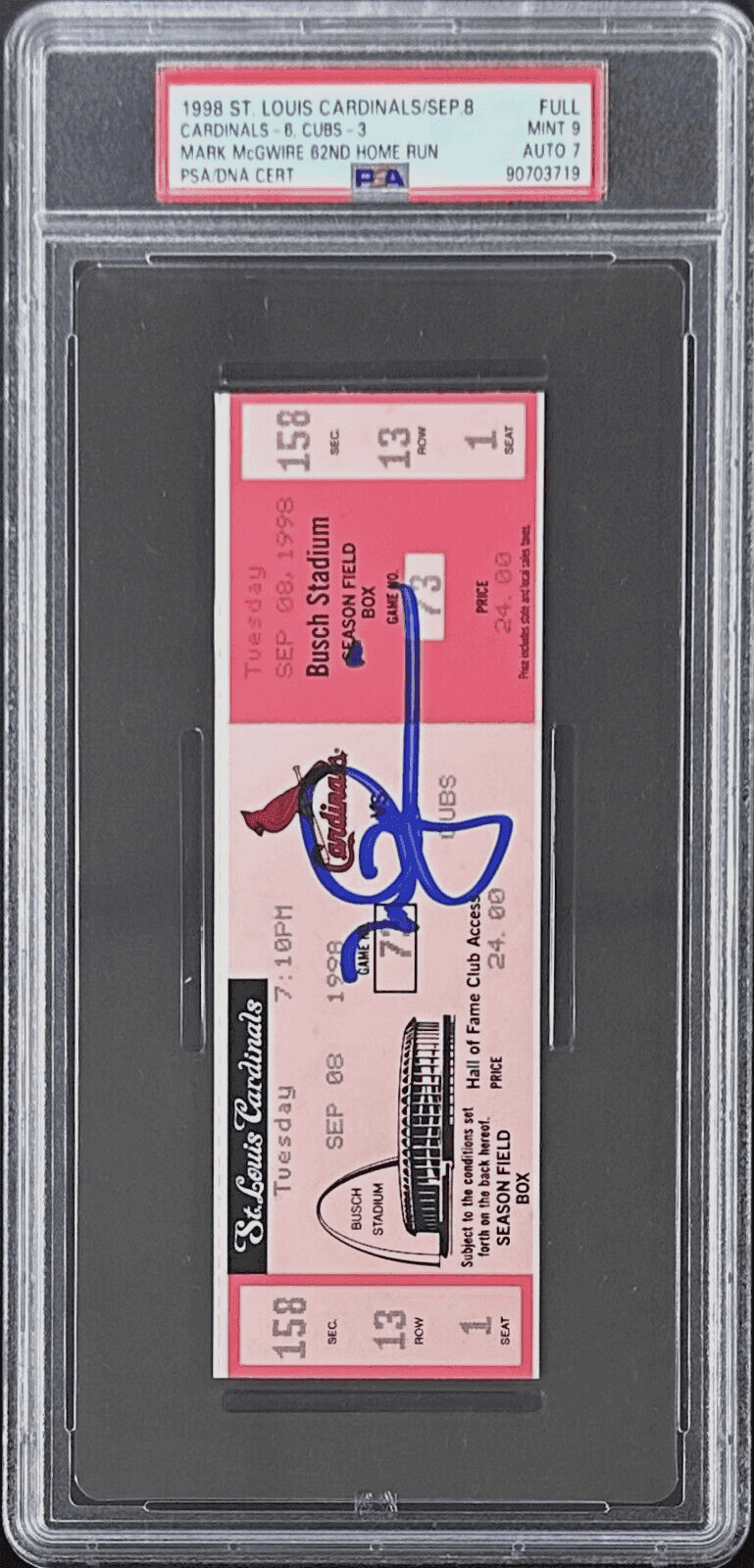 Mark McGwire 62nd Home Run Signed Sep 8 1998 Full Ticket PSA St. Louis Cardinals Mark McGwire Ticket Stub mark-mcgwire-62nd-home-run-sep, St. Louis Cardinals, view 2, supplier stock photo