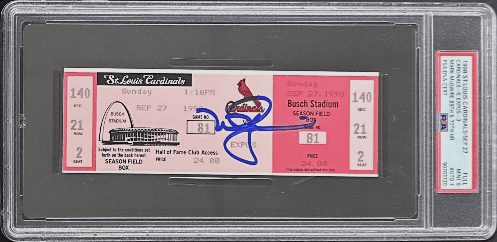 Mark McGwire 69th and 70th Home Run Signed Sep 27 1998 Full Ticket PSA Cardinals Mark McGwire Ticket Stub mark-mcgwire-69th-70th-home-run, St. Louis Cardinals, supplier stock photo
